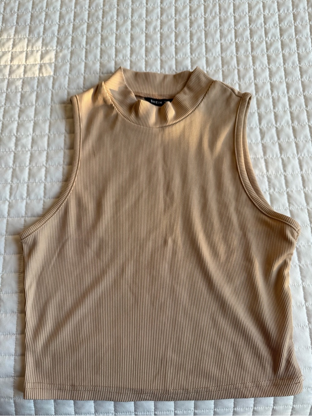 SHEIN Beige Ribbed Sleeveless Mock Neck Crop Top
